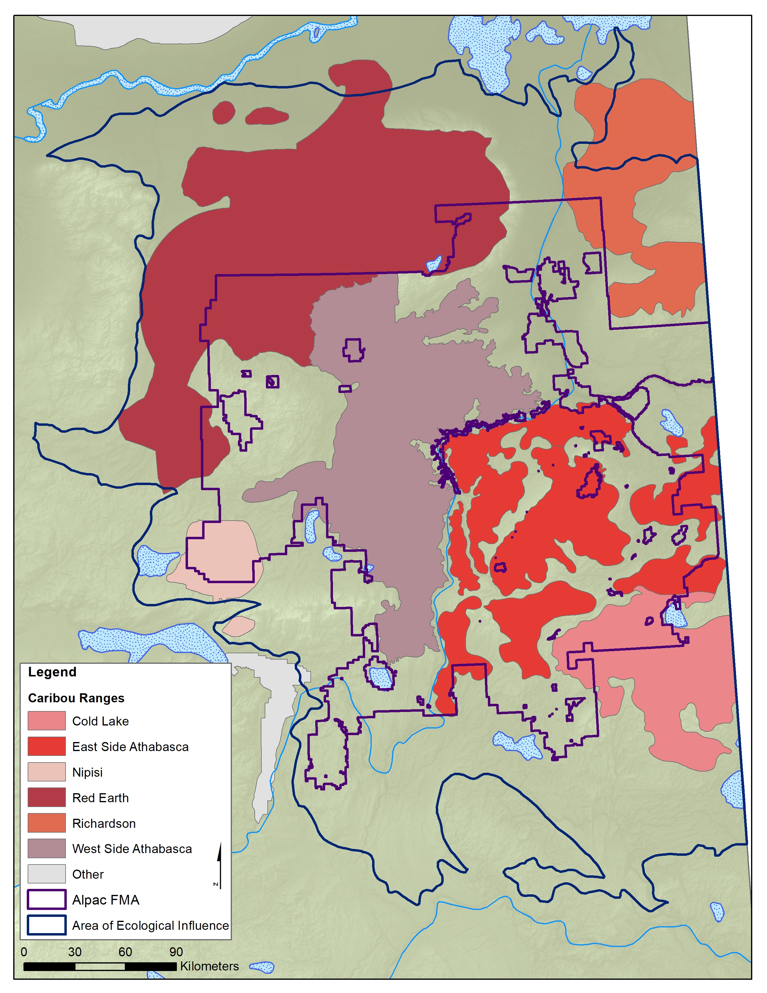 <p>Figure: Woodland Caribou Range Map. Summary of Woodland Caribou ranges that overlap the Al-Pac FMA area.</p> 