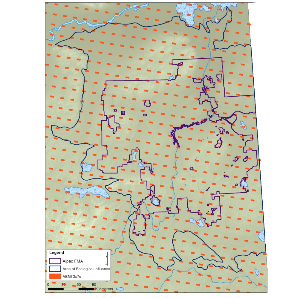 <p>Figure: A detailed inventory of human footprint is created annually for a 3 &times; 7 km area located near each ABMI site.</p><br/>